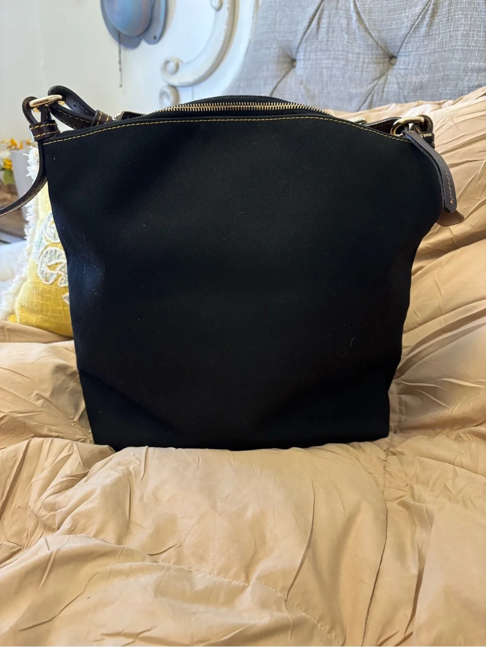 Dooney & Bourke Black Canvas Shoulder Bag with Brown Leather Trim